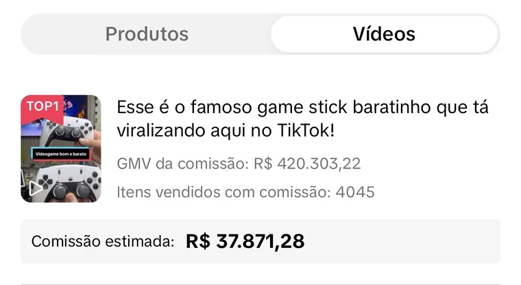 Vídeo top 1 com R$ 420.303,22 de GMV e R$ 37.871,28 de comissão estimada