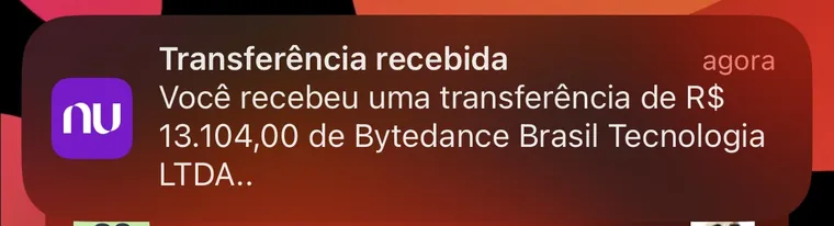 Notificação de transferência recebida de R$ 13.104,00 da ByteDance